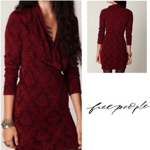Free People Vintage Dark Red Large Damask Brocade Cowl Neck Sweater Dress - Picture 1 of 5